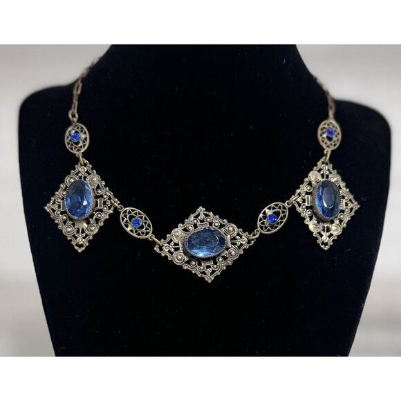 Filigree Jewelry - Antique Victorian Czech Blue Glass Filigree Bib Choker Necklace